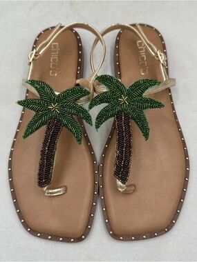 Chico's Gold Strappy Sandals with Beaded Green Palm Motif